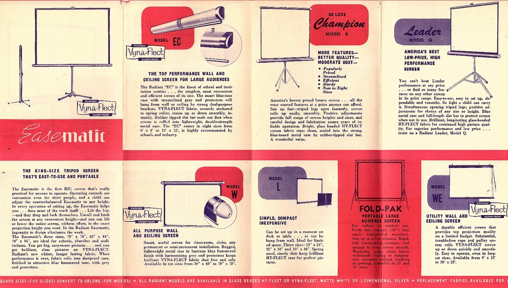 Radiant Screenmaster Projection Screens Vtge Brochure Various Models Features