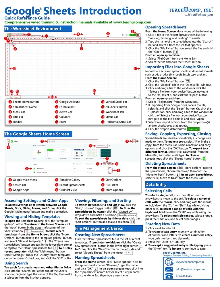 Google Sheets Training Guide Quick Reference Card 4 Page Cheat Sheet Help
