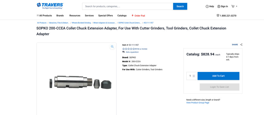 2 SOPKO COLLET CHUCK EXTENTION ADAPTERS TOOL & CUTTER SURFACE GRINDERS 200-CCEA