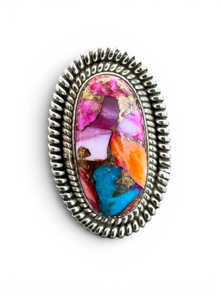 Kingman Pink Dahlia Turquoise Solid 925 Sterling Silver Ring – Size 8