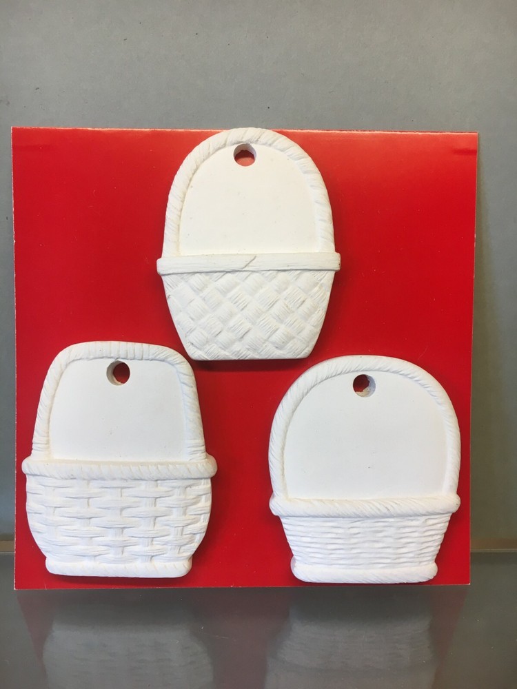 3 pc Unpainted Bisque Ceramic Wicker Baskets w/Holes for Hanging