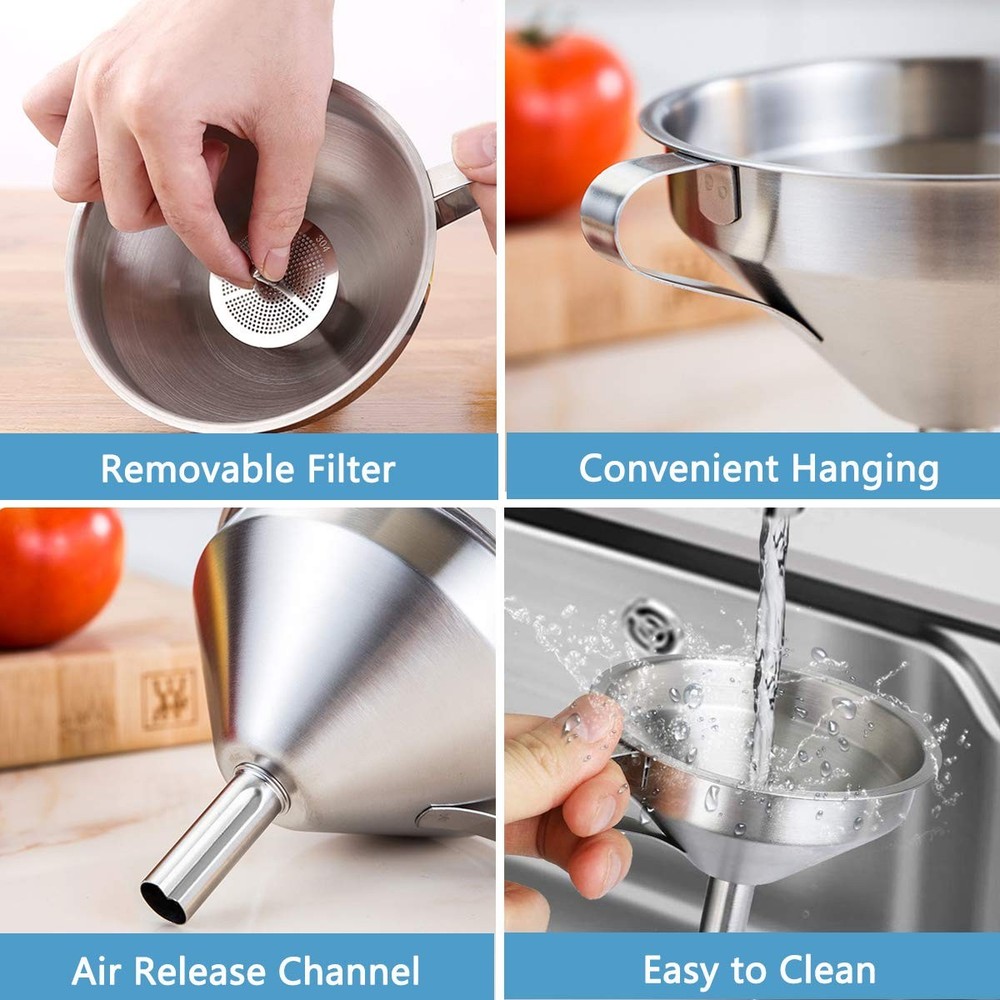 Stainless Steel Kitchen Funnel Set with Strainer 200 Mesh Filter for Bottles