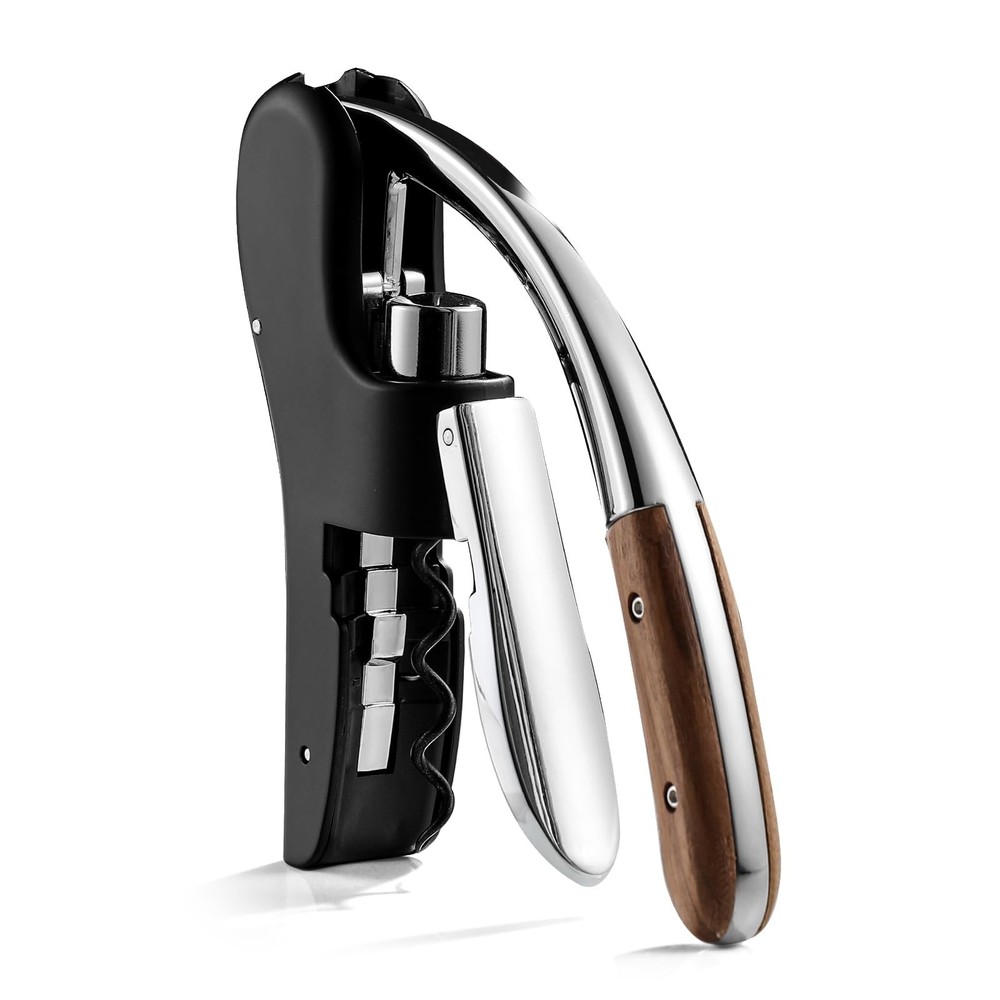 Wine Bottle Opener, Vertical Lever Corkscrew with Built M, Walnut wood handle