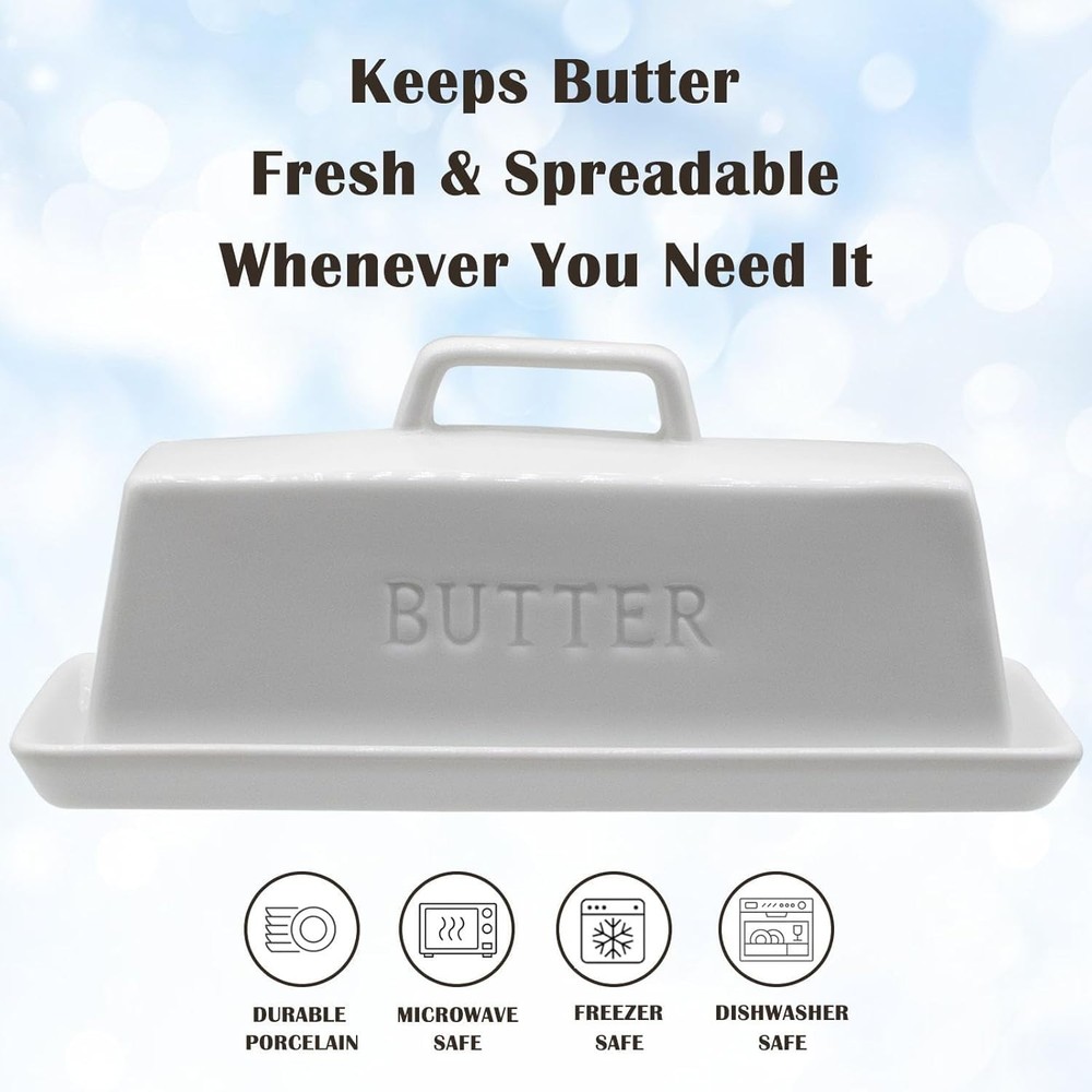Dishwasher Safe White Butter Container with Lid - Keeps Butter Soft & Spreadable