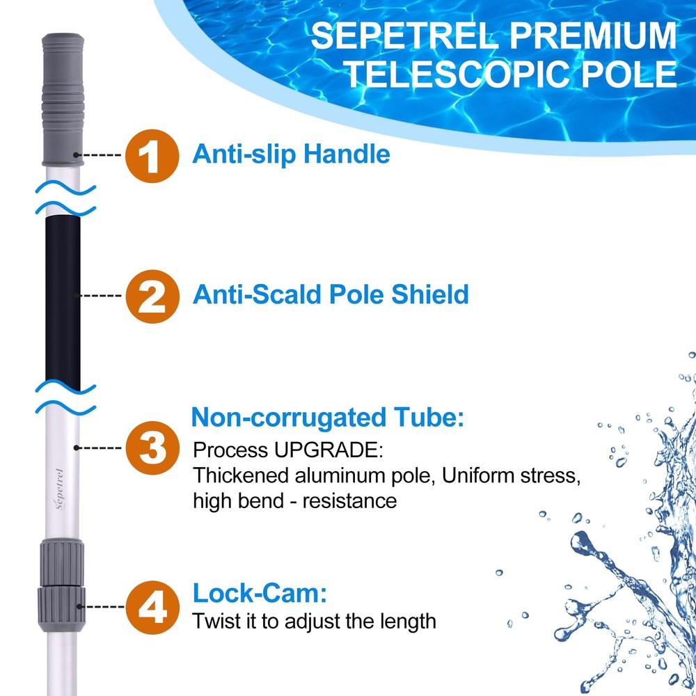 15 Foot Telescoping Swimming Pool Pole Threaded Tips for Skimmer Net