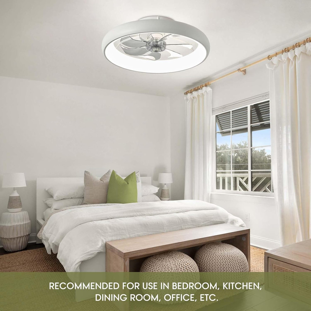 20" Modern White Flush Mount Ceiling Fan with Lights, 6 Wind Speeds, LED, Voice