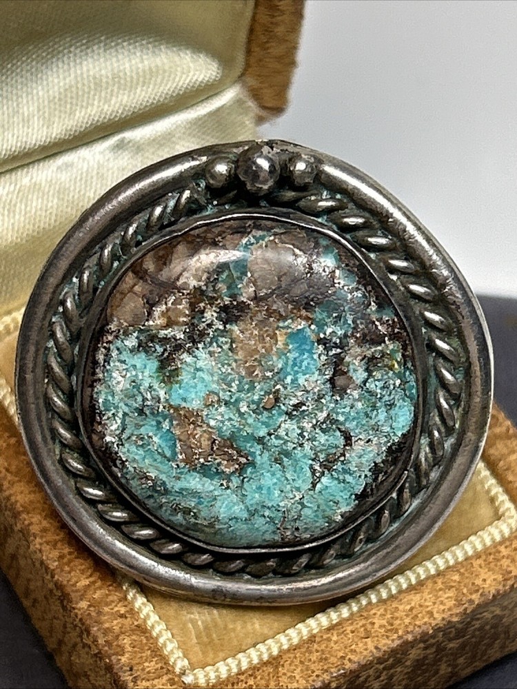 Large Native American Sterling Silver & Turquoise Twisted Cable Circle Ring