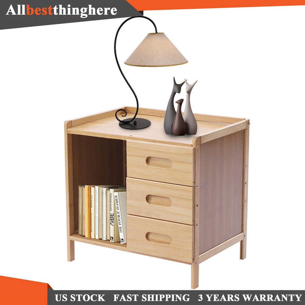 Nightstand Bedside End Table Bedroom Side Bamboo Storage w/ Pull-out Drawer US
