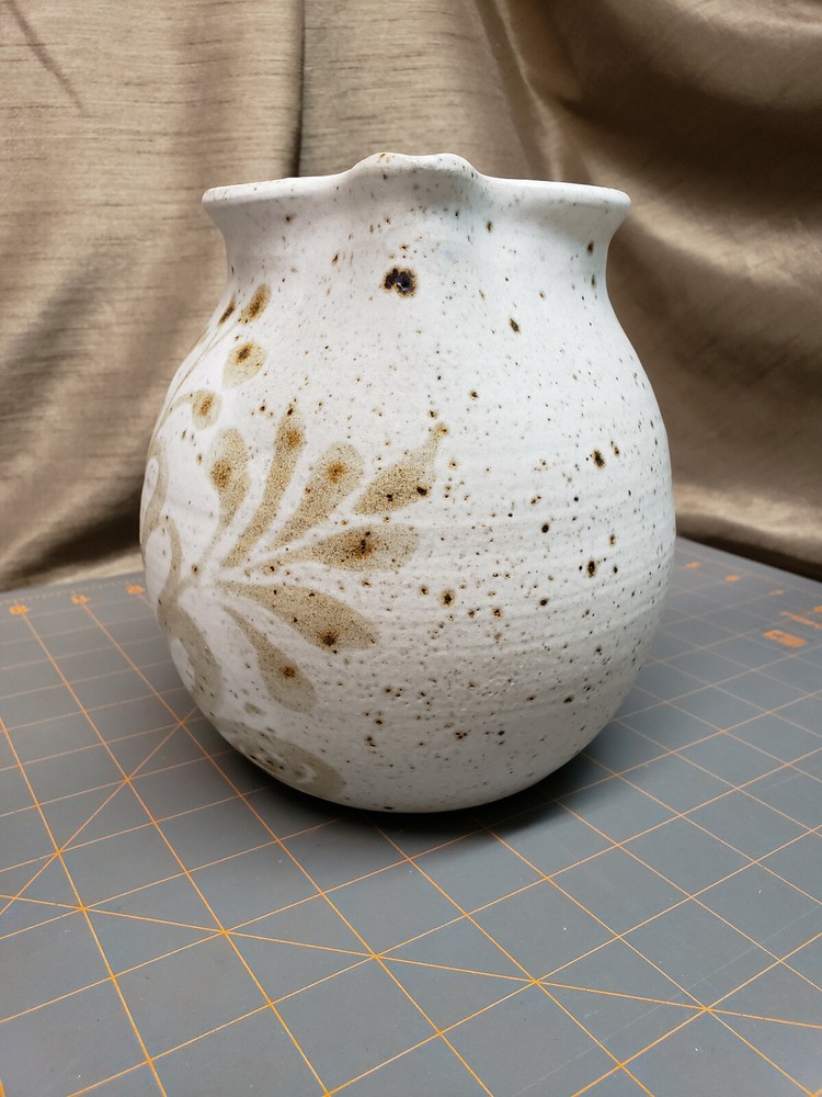 Flower Pottery Stoneware Pitcher unmarked wave big handle