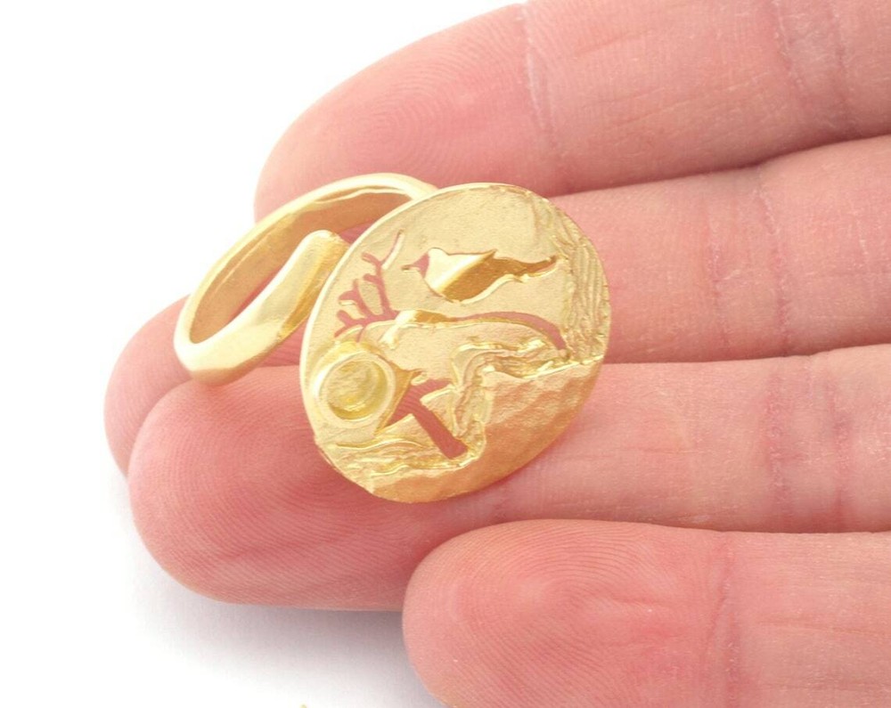 Landscape Moon Bird Tree Adjustable Ring Raw,Shiny Silver-gold 7-9us size 4791