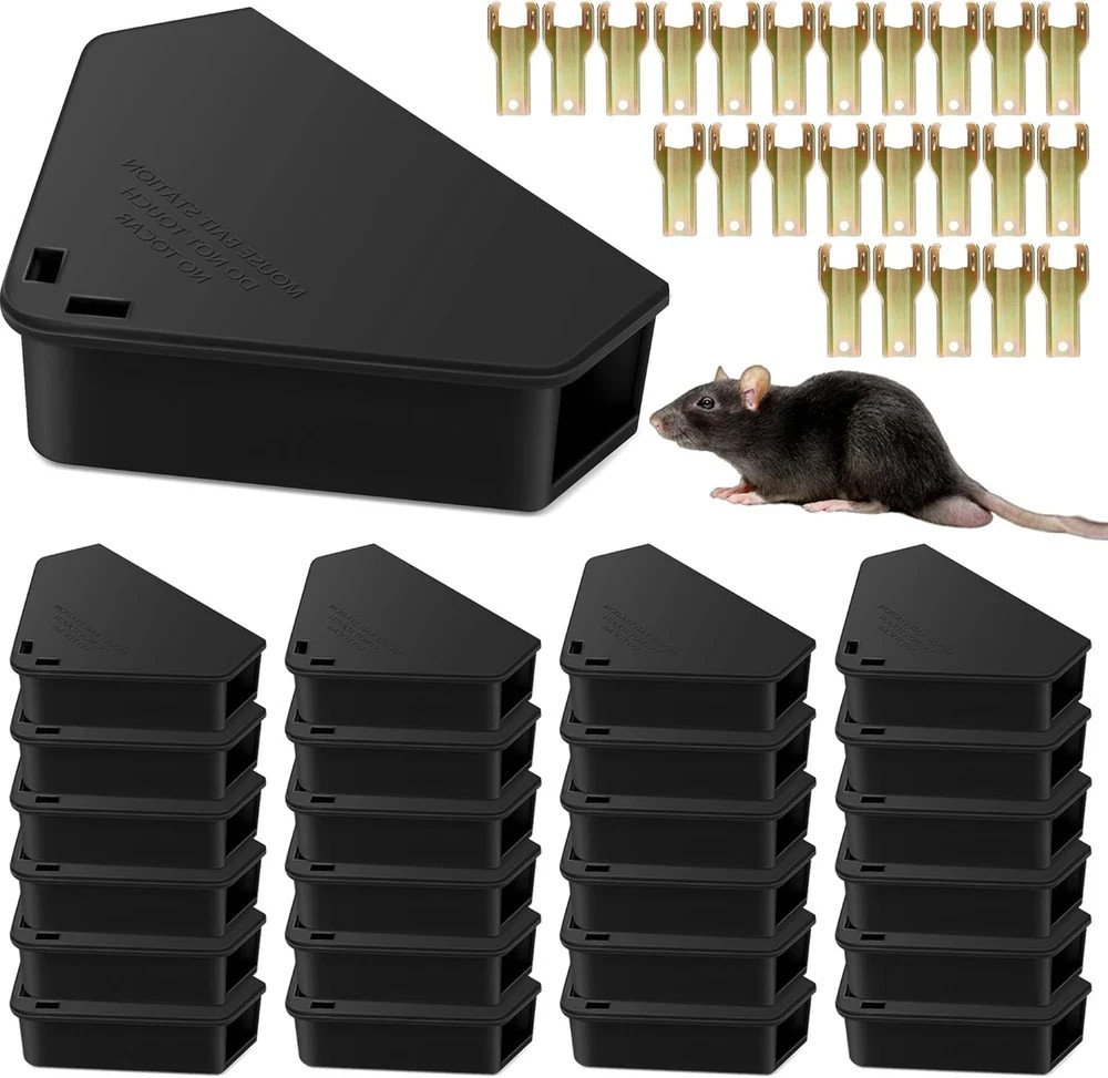 24 Pack Mice Bait Stations with Keys, Triangle Mouse Stations, Reusable Mouse St