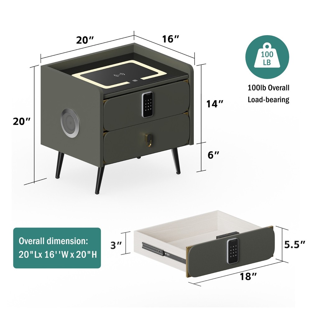 20" Tall Smart nightstand with combination lock ,Bluetooth player,Led light