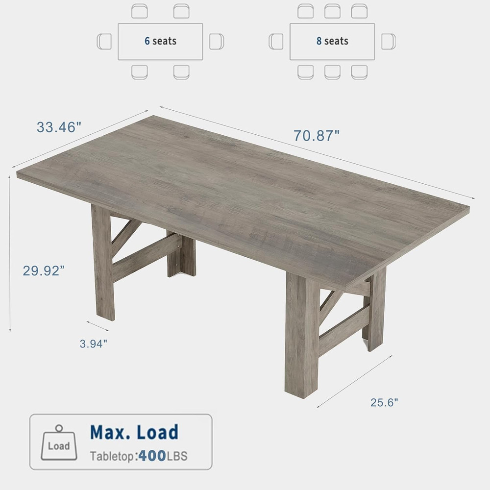 Rustic Gray Farmhouse Dining Table for 6-8, Sturdy 70.87" Rectangle