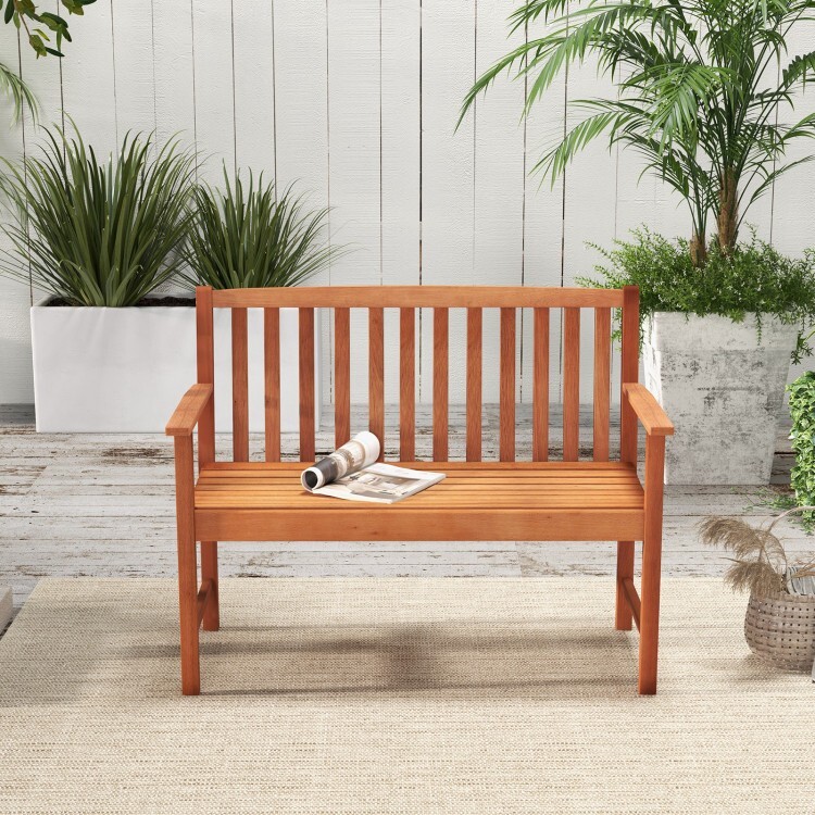 2-Seat Patio Solid Eucalyptus Wood Bench w/ Comfortable Armrest Slatted Backrest
