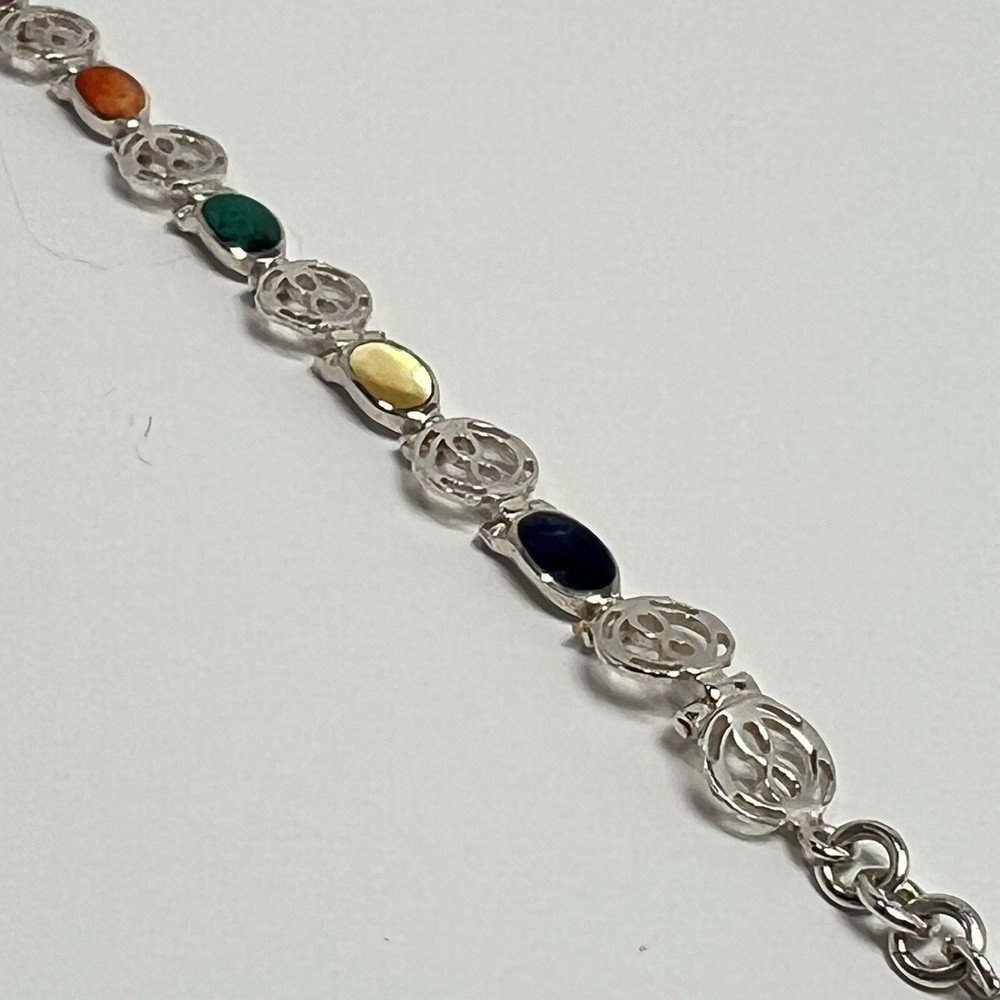 Peruvian 925 Sterling Silver Multi Gemstone Link Bracelet