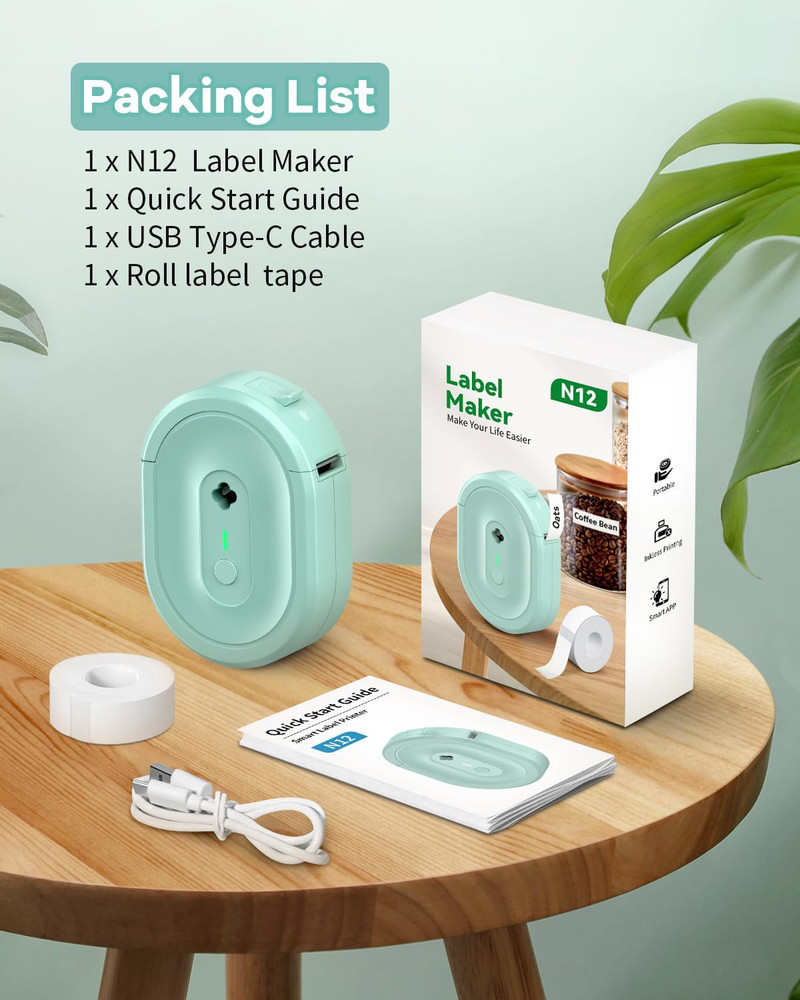 Label Maker Machine with Tape, N12 Portable Bluetooth Label Printer, Wireless Mi