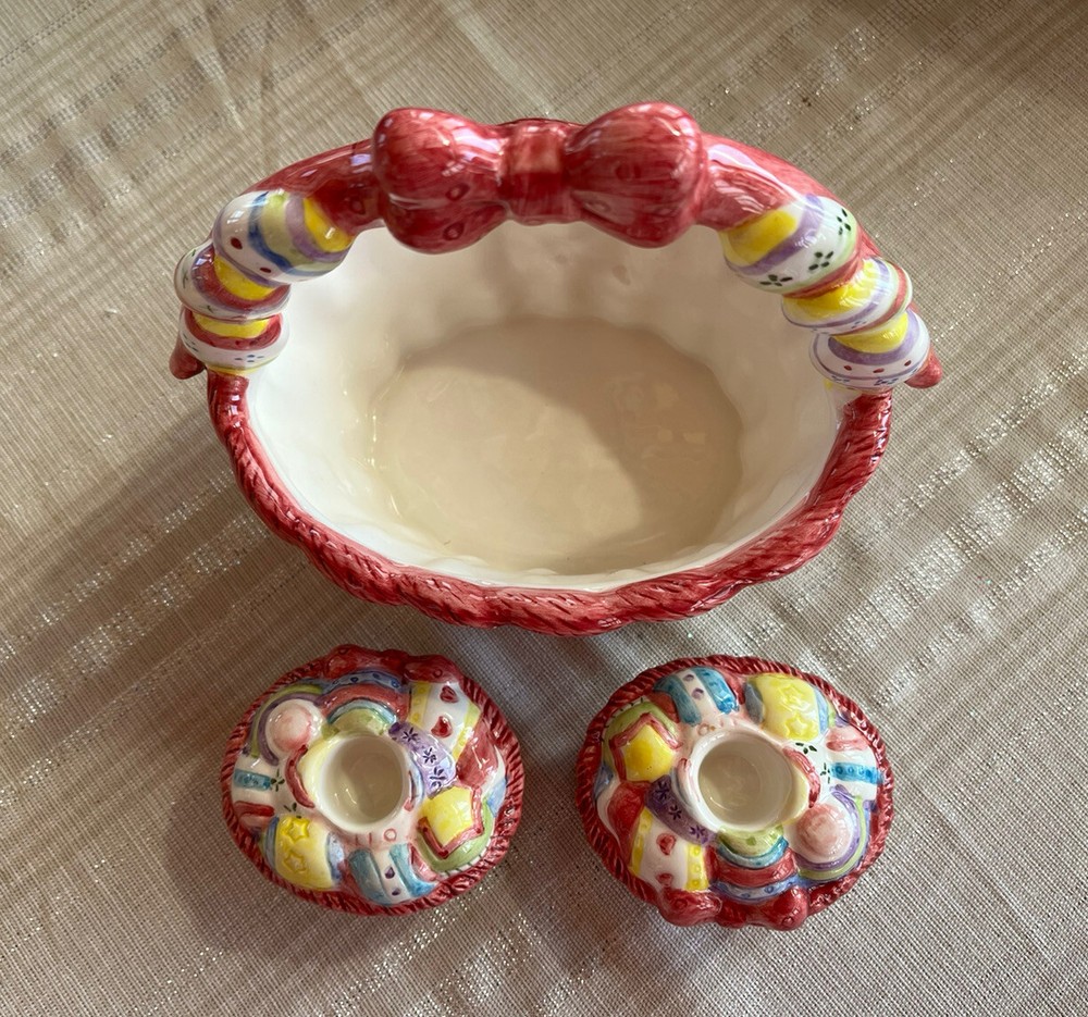 Handpainted Ceramic Easter Basket With Candle Holders 3 Pc Centerpiece Set