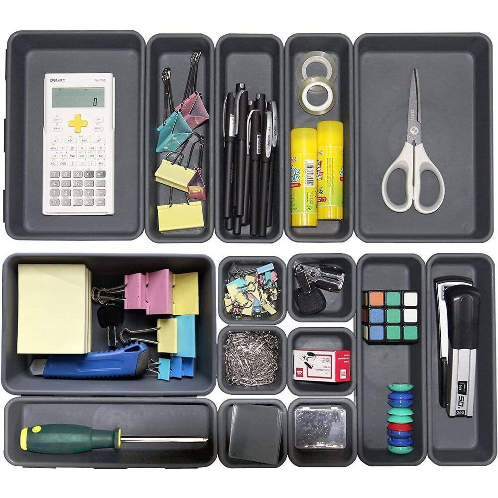 Black 15 Pcs Interlocking Drawer Organizer Trays for Office, Bathroom, Kitchen,
