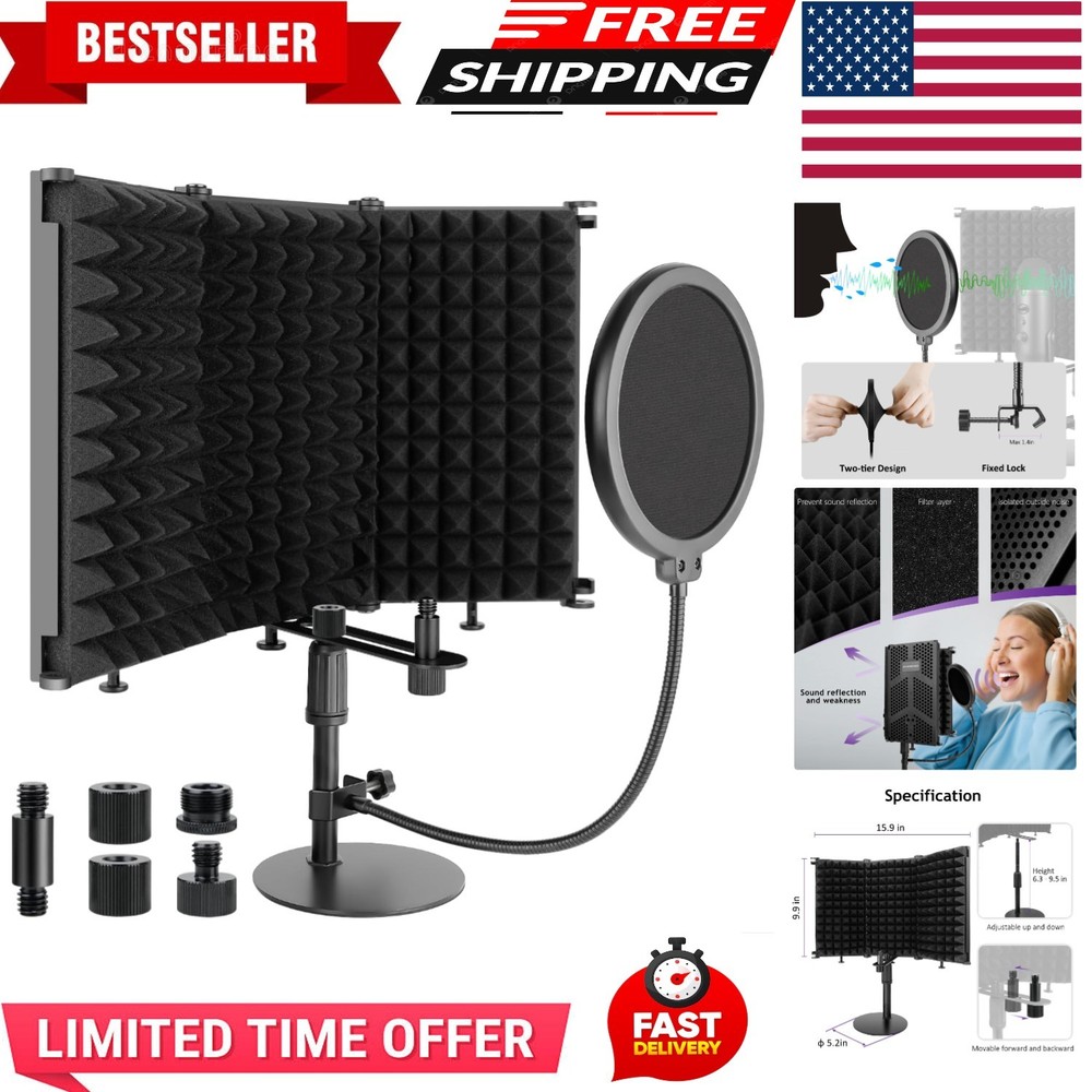Microphone Isolation Shield with Mic Stand and Pop Filter, Foldable Sound Shield