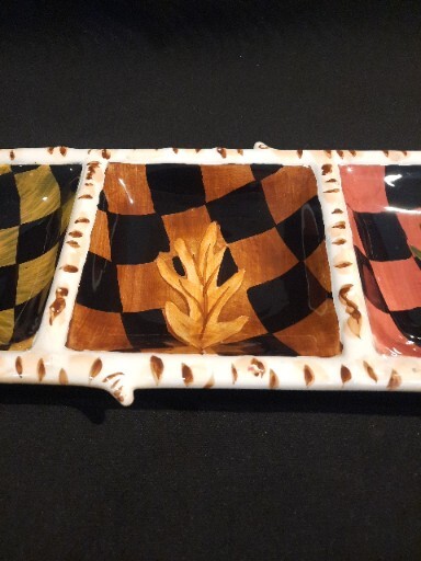 Handpainted Fall Leaves Three Section Ceramic Serving Dish