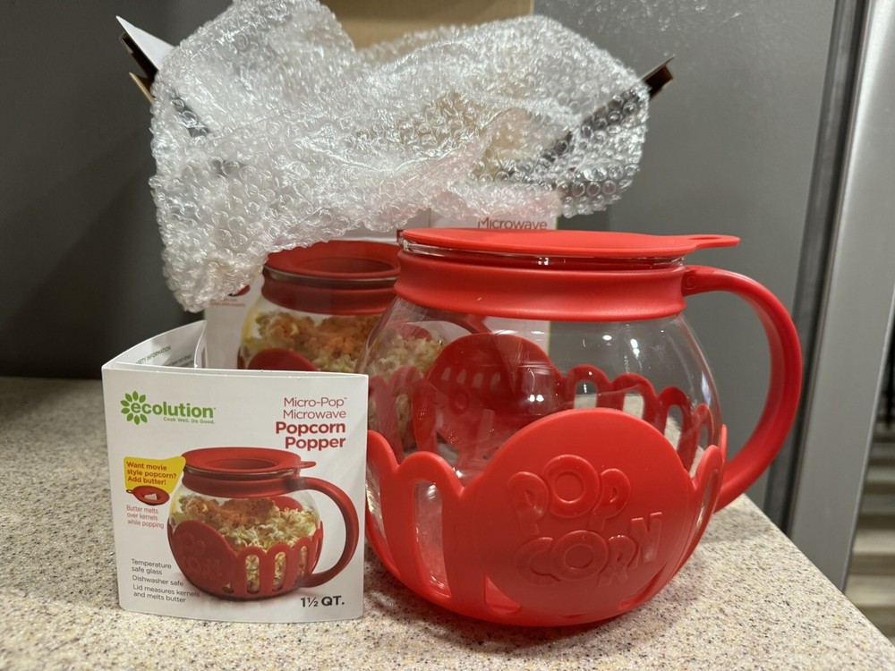 Ecolution Micro Pop 1.5 Quart Glass Silicone Microwave Popcorn Popper Red New!
