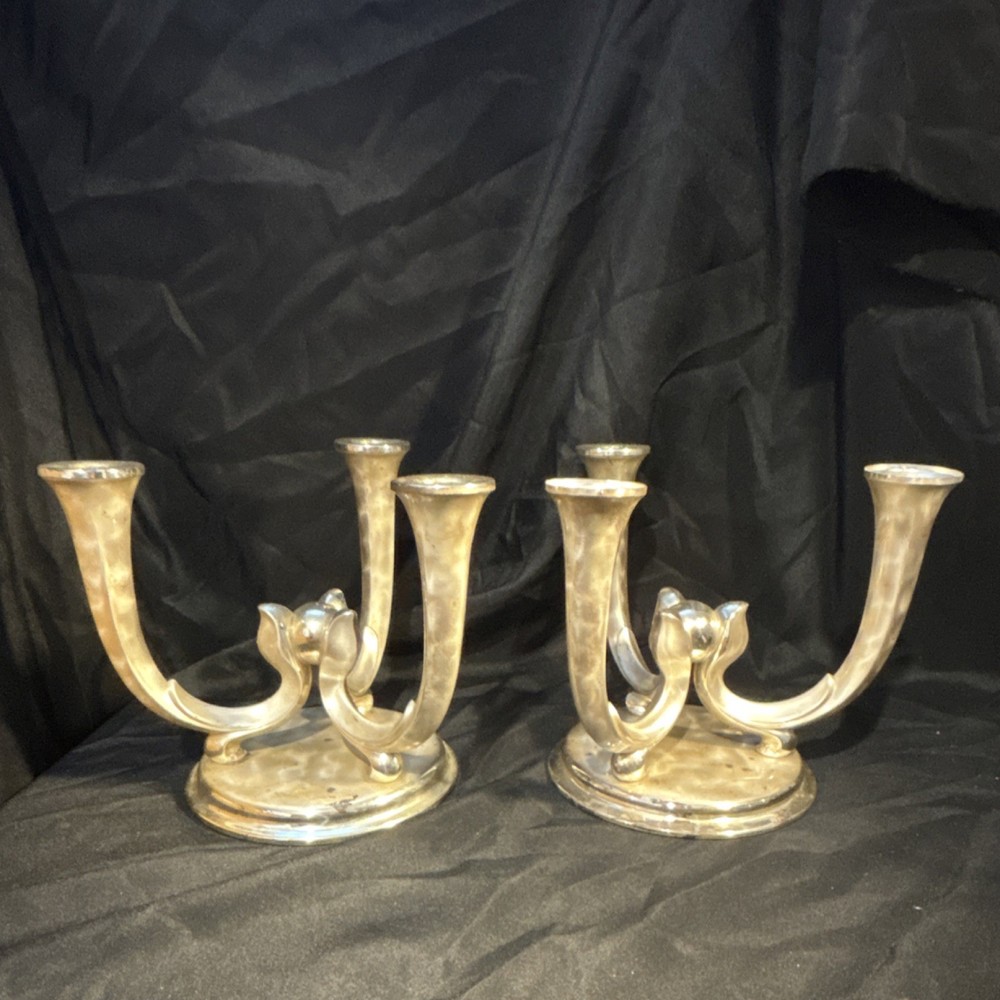 WMF Ikora Silverplate Three-Arm Candlesticks Pair Post-1940 Decorative