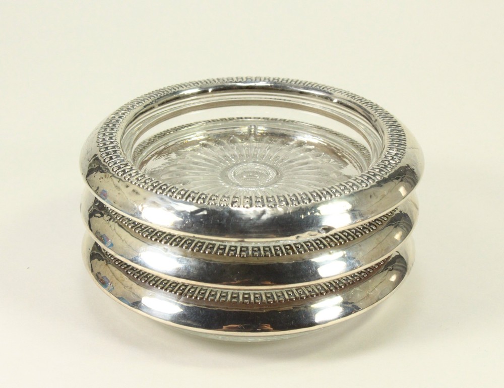 = Set of 3 Sterling Silver & Clear Glass Coasters Sunburst Pattern