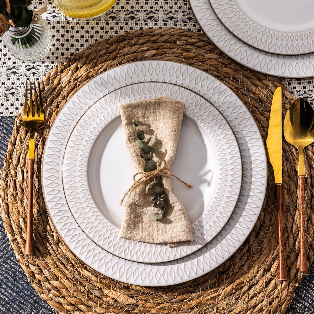 Ceramic Dinnerware Sets,12 pcs Embossed Elegant Stoneware Plates and Bowls Se...