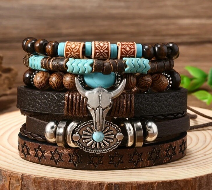 6 PC Leather Punk Bracelet Stackable Adjustable Tie New Free Ship B2796