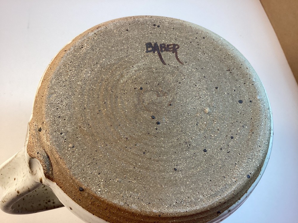 Hand Thrown Pottery 36 oz. Pitcher, Etched Design, Signed Baber