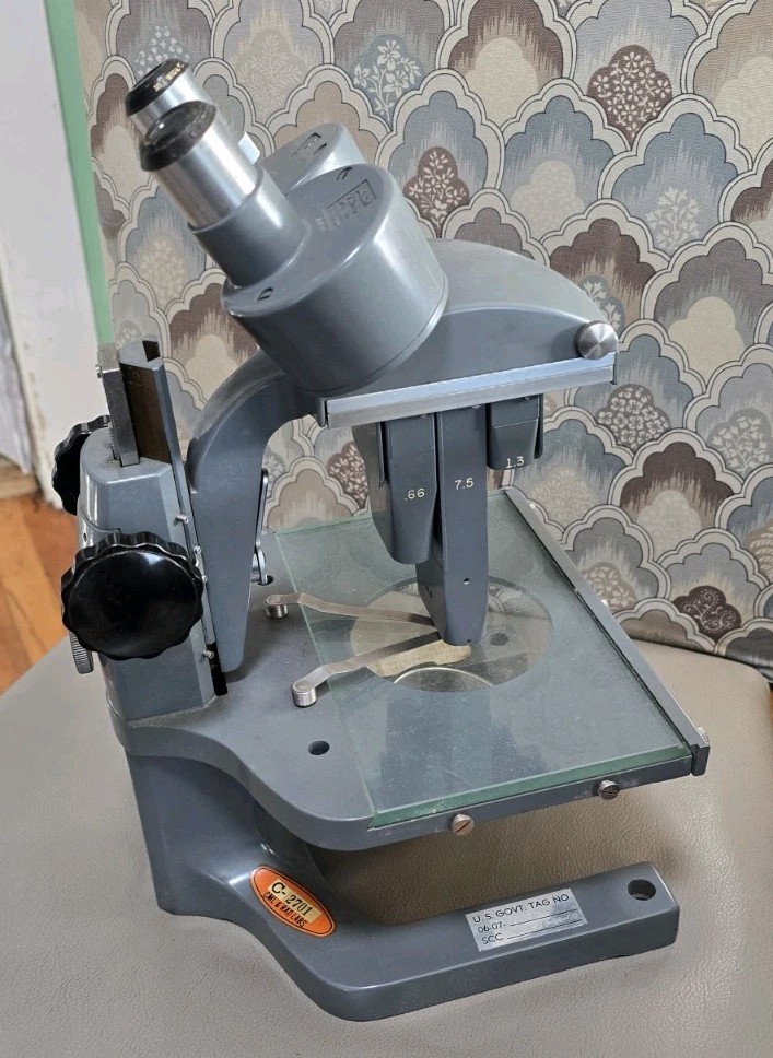 Vintage Bausch & Lomb Stereo Microscope, Three Sliding Objectives, Mirror w/ Box