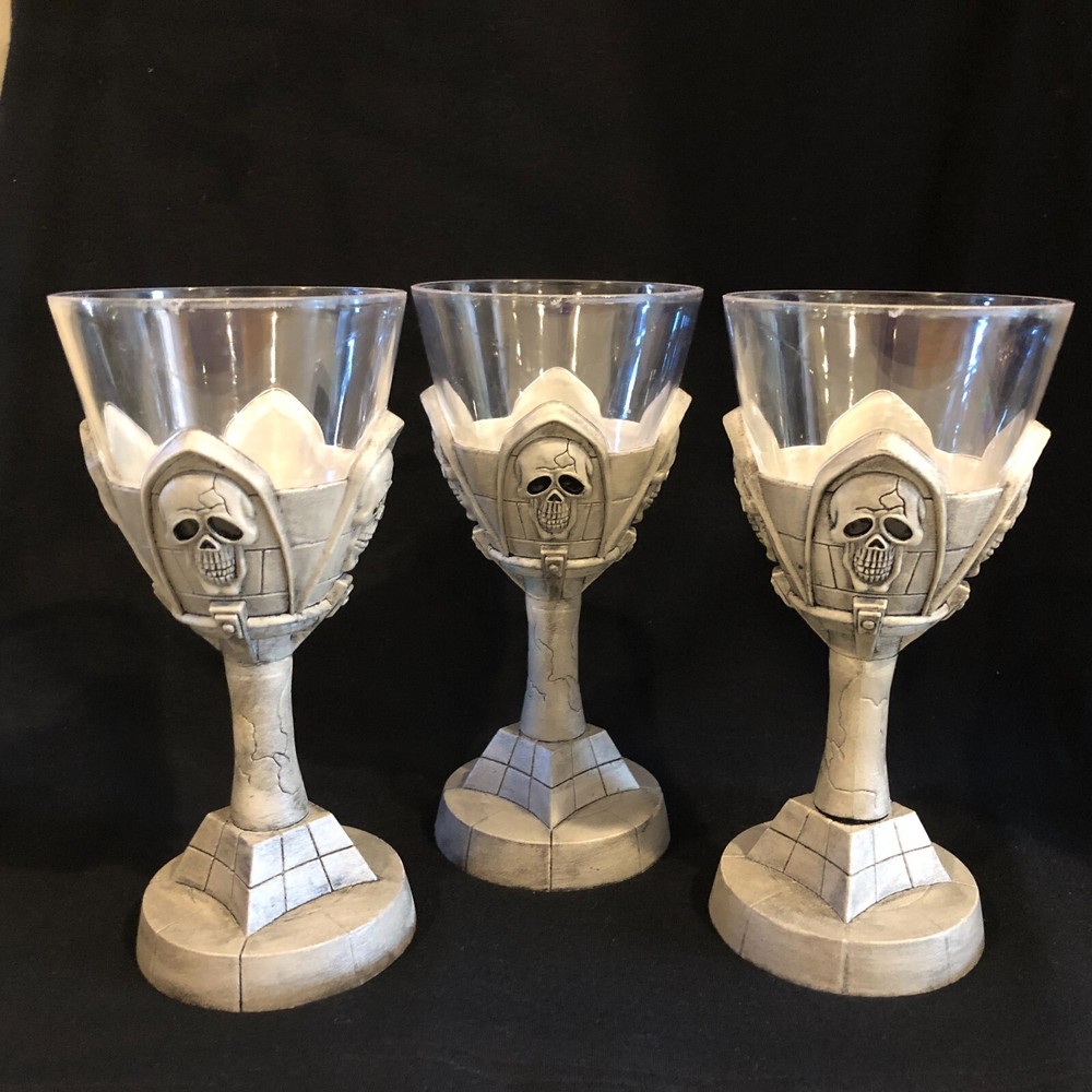 3 Scary Skeleton Plastic Halloween Goblets, Stem Glasses
