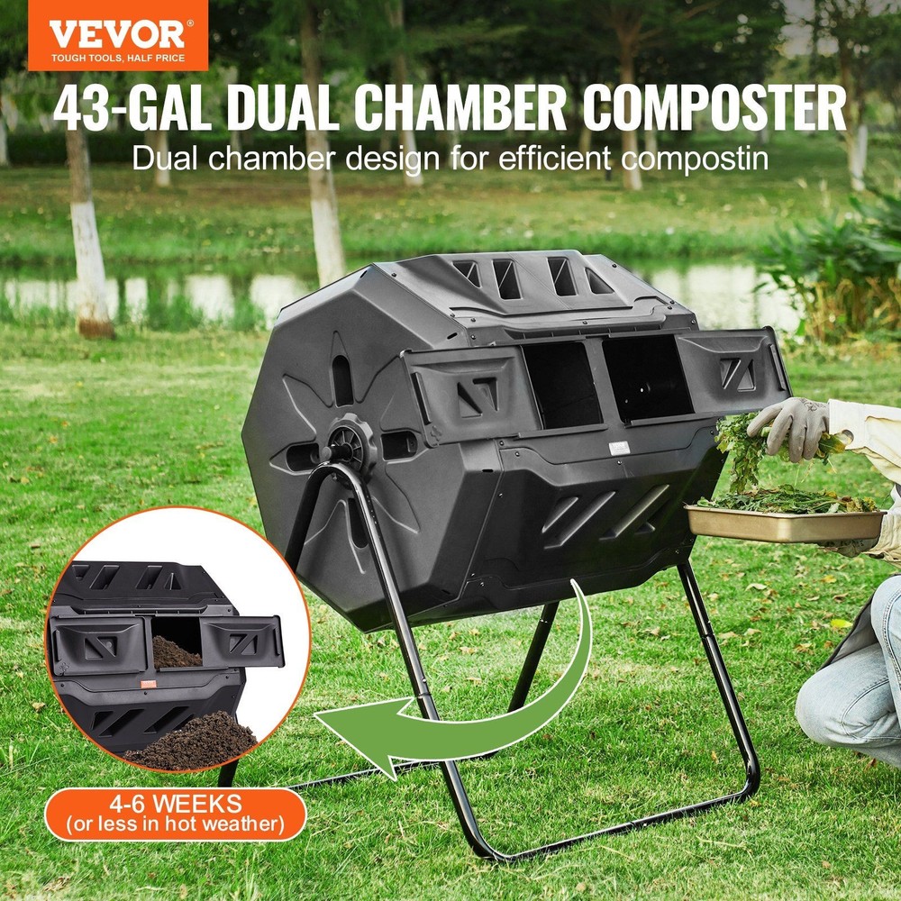 43gal Two-Section Tumbling Composter, 110lb Load, UV-Resistant