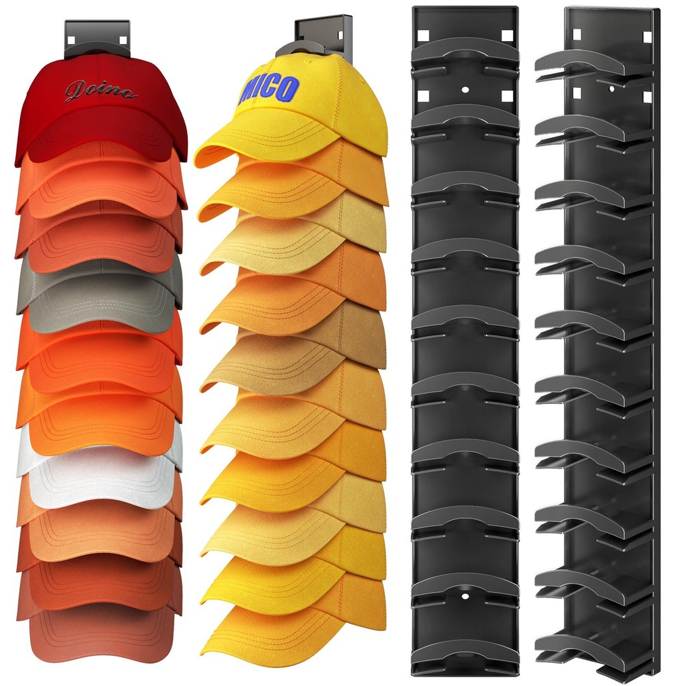 2 Pack Hat Organizer for Wall Holds 20 Baseball Caps Black