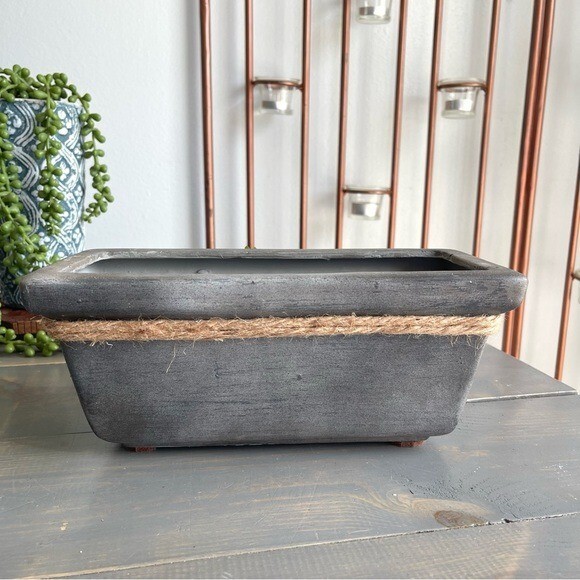 Eclectic Revival Upcycled Hand Painted Rectangular Planter Grey Twine & Greenery