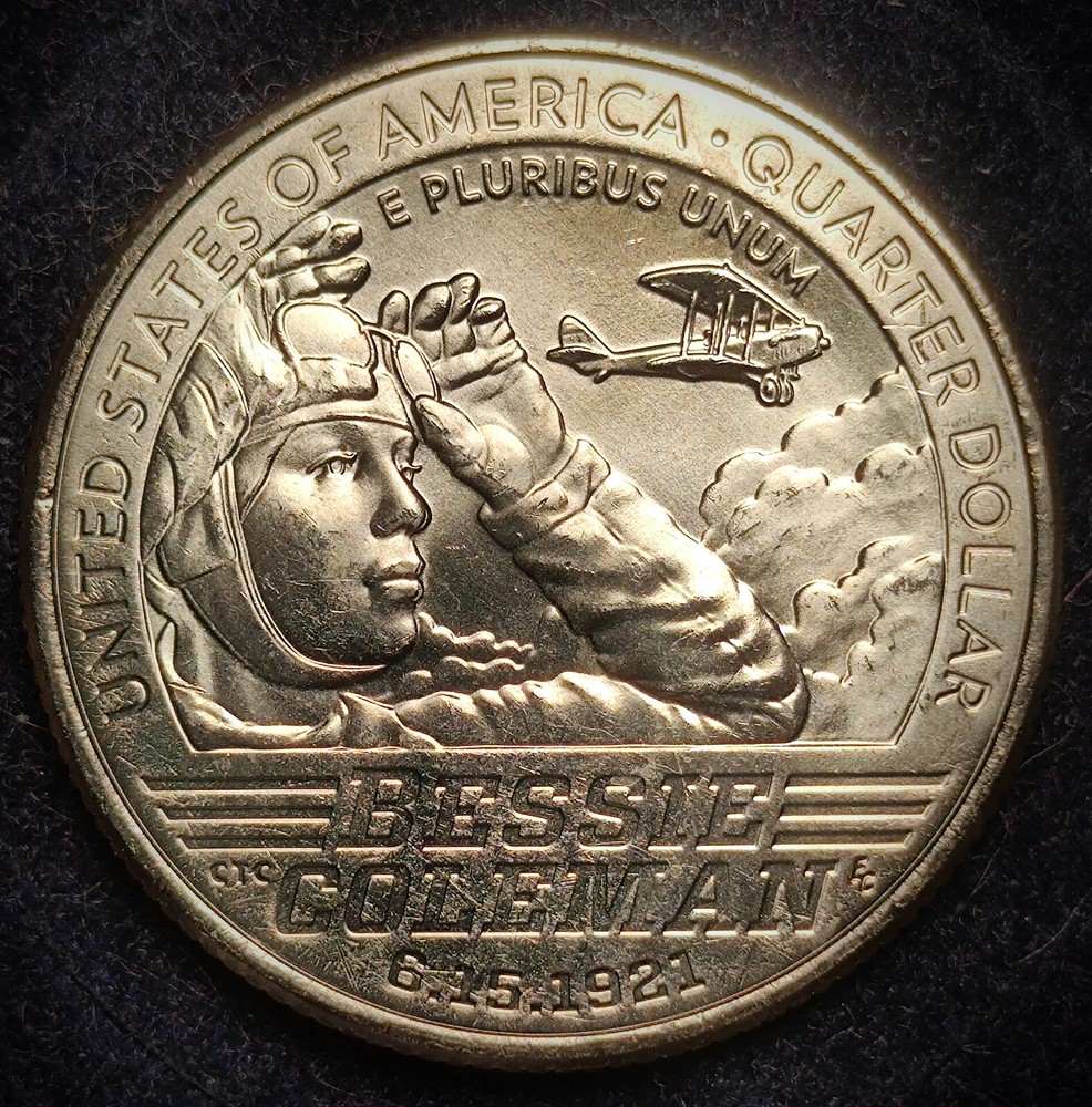 2023 P  Bessie Coleman Quarter die Gouges on Obverse & machine doubling on back