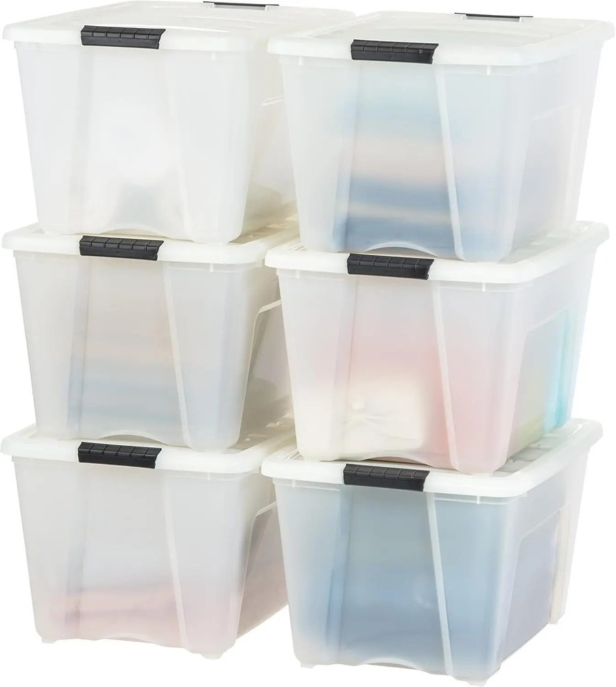 Stackable Storage Bins w/ Lids & Latches Durable Nestable Containers Pearl