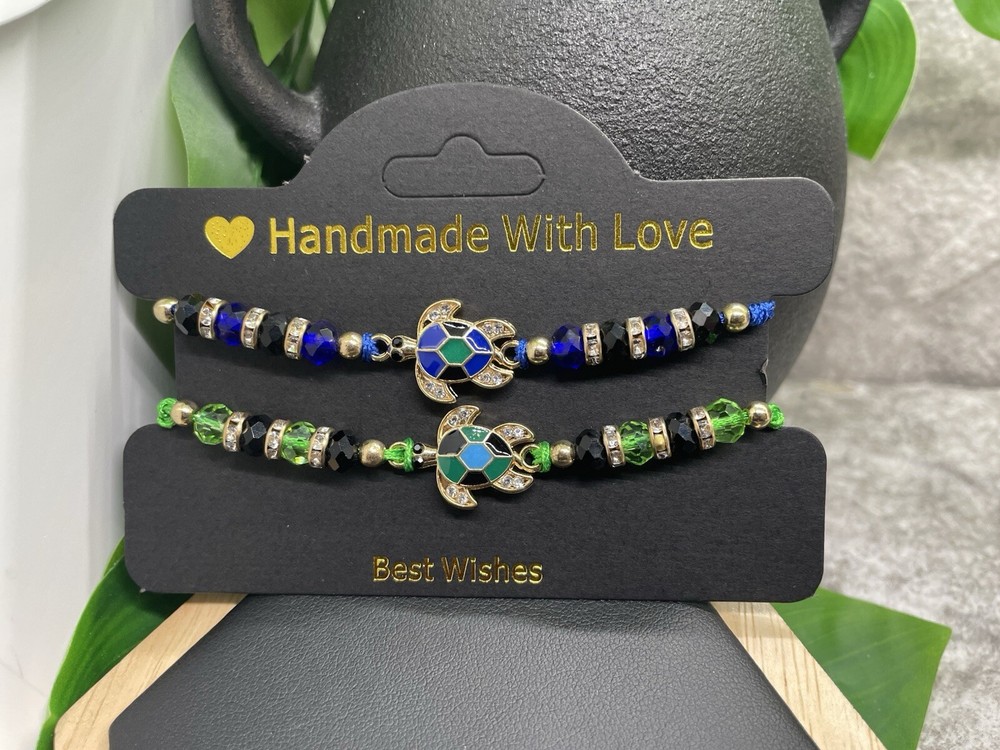 2 PC Handmade Beaded Boho Adjustable Tie Charm Bracelet Set Turtle B3996