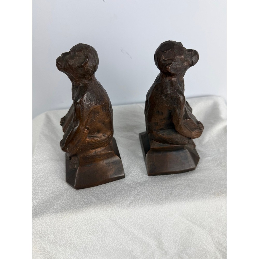 Antique Chicago Hardware Foundry Co Cast Iron Monkey Reading Bookends Pair