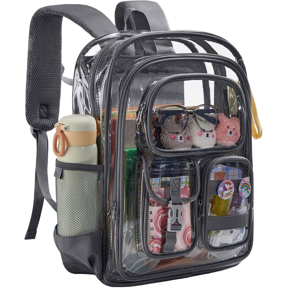 Grey Clear Backpack Heavy Duty Large Transparent Bookbag Multiple Pockets