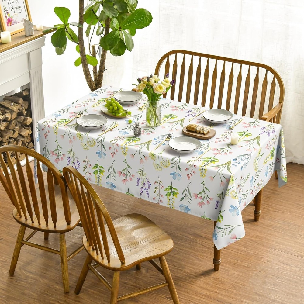 Spring Tablecloth 60×84 Inch Rectangular, Wildflowers Floral Herbs Elegant Washa