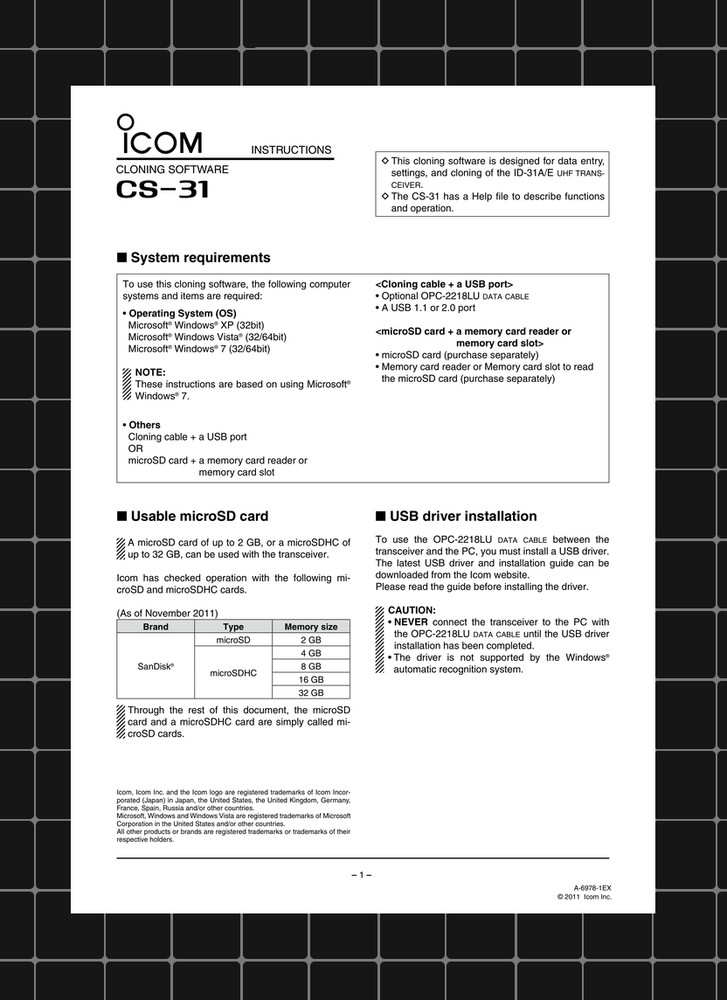 Icom CS-31 — INSTRUCTIONS User Guide How-To Tutorial — 9 Pages — USA Made