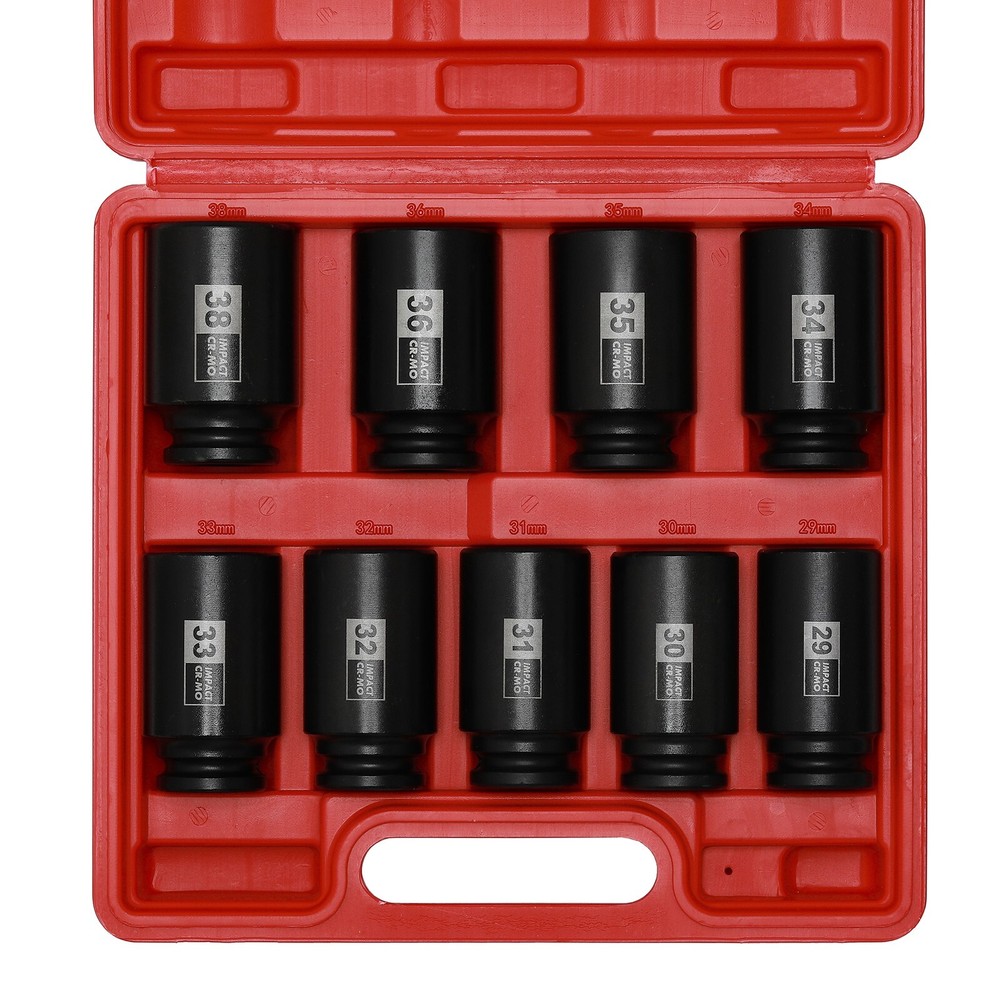 9PCS 1/2"Dr. Deep Spindle Axle Nut Impact Socket Set, CR-MO, Metric Large Socket