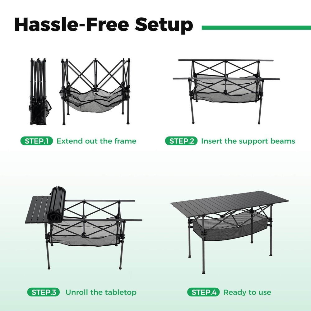 Patio Folding Camping Table w/ Aluminum Roll-up Tabletop & Mesh Basket