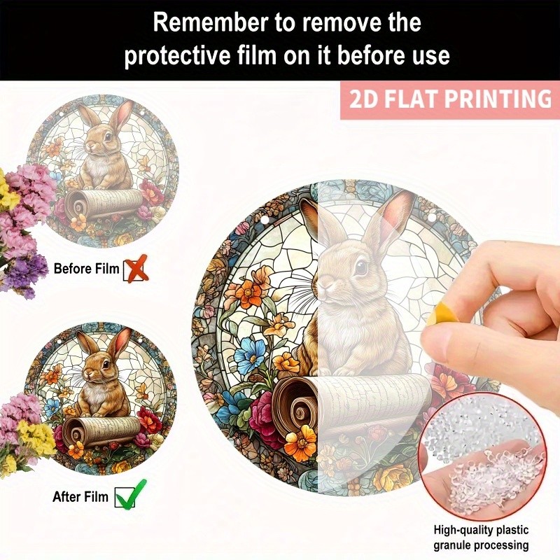 Bunny With Scroll Acrylic Suncatcher Floral Pattern Easter Window Hanging Decor