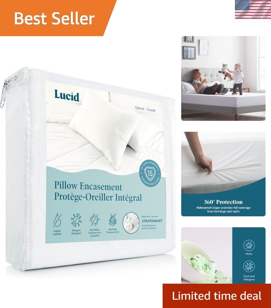 Zippered Waterproof Pillow Protector - Allergen & Bed Bug Proof – White 2-Pack