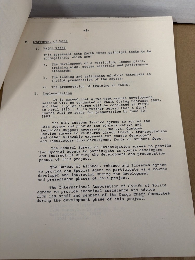 1982 FBI ATF Customs Cargo Theft Training Agreement Draft