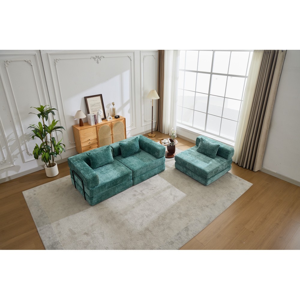Convertible Floor Sofa Bed w/ Fixed Frame, Chenille Fabric, Dark Green