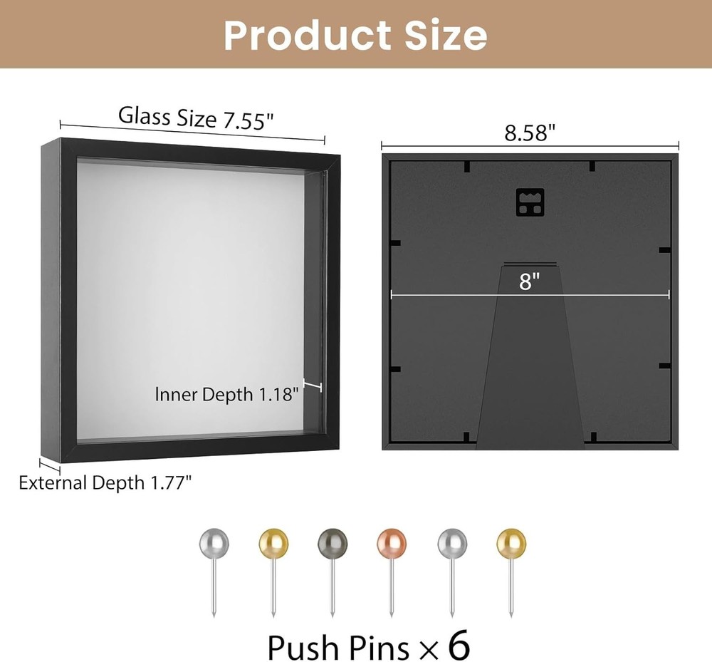 8x8 Shadow Box Frame with Soft Linen Back - Push Pins Included, Memory Box Di...