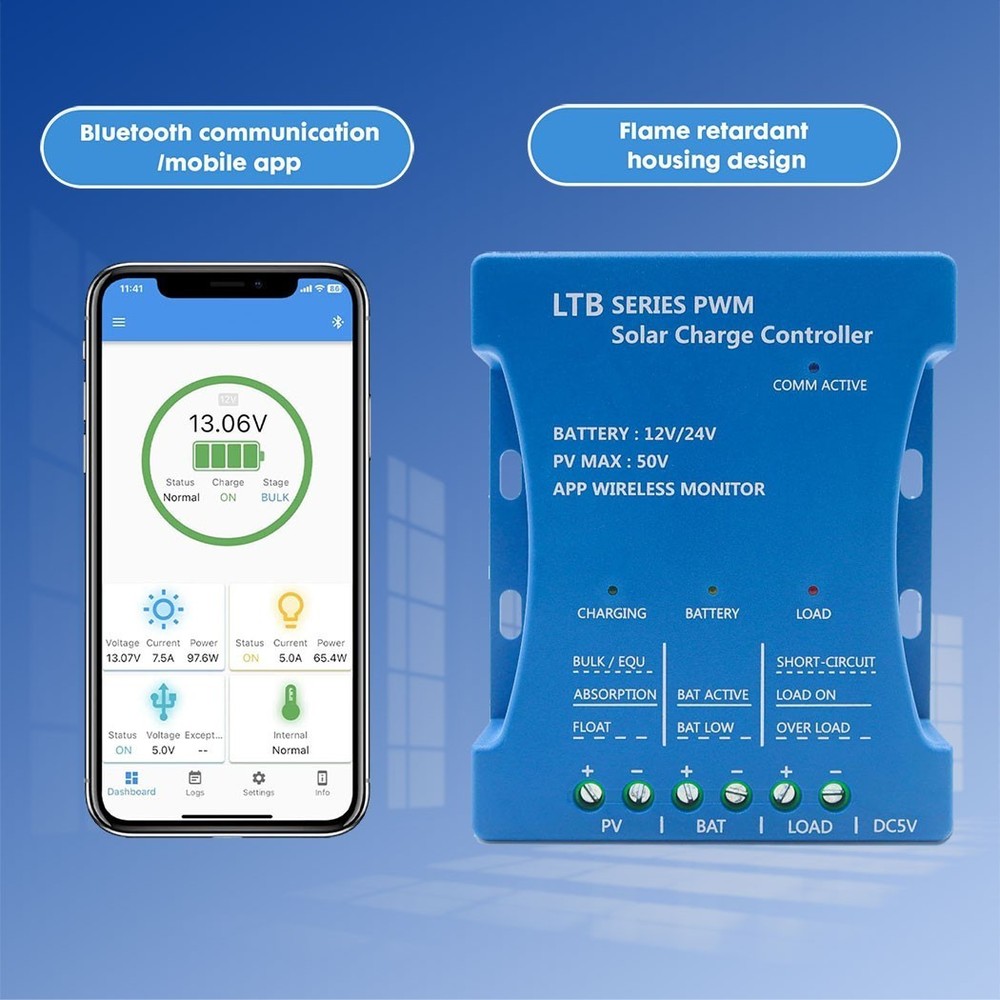 20A 12V/24V Solar Controller Bluetooth PV Max 50V Panel Battery Regulator